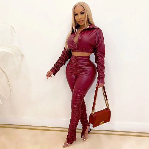 2 Pieces Leather Wrinkle Elasticity High Waist Zipper Pants Set BS-1243