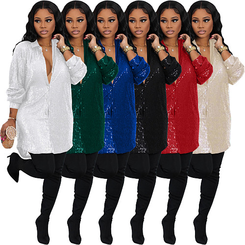 Chic Single Breasted Sequin Loose Shirt Dresses BGN-275