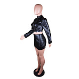 PU Leather Crop Tops+Bodycon Skirt Two Piece Sets BS-1301