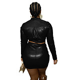 PU Leather Crop Tops+Bodycon Skirt Two Piece Sets BS-1301