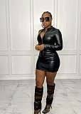 PU Leather Crop Tops+Bodycon Skirt Two Piece Sets BS-1301