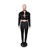 2 Pieces Leather Wrinkle Elasticity High Waist Zipper Pants Set BS-1243