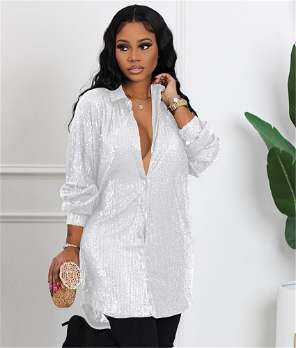 Chic Single Breasted Sequin Loose Shirt Dresses BGN-275