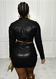 PU Leather Crop Tops+Bodycon Skirt Two Piece Sets BS-1301