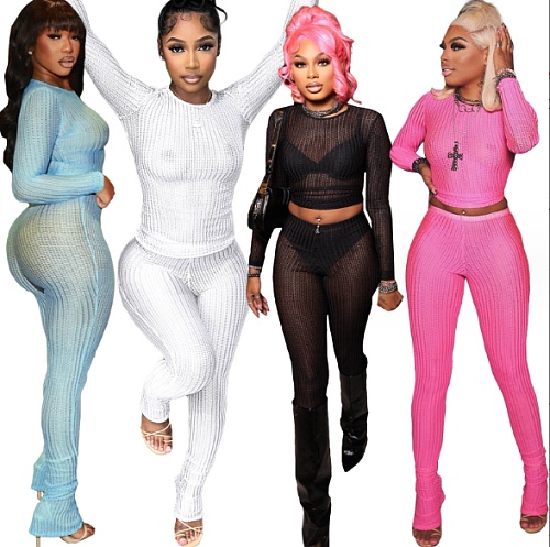 Solid Hollow Out Mesh Transparent Round Neck Two-Piece Pants Set YS-871