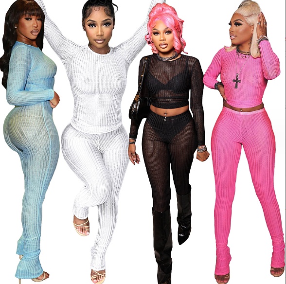 Solid Hollow Out Mesh Transparent Round Neck Two-Piece Pants Set YS-871