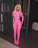 Solid Hollow Out Mesh Transparent Round Neck Two-Piece Pants Set YS-871