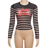 Letter Print Striped Women Crop Tops Sexy Mesh Skinny Tees SXE-K23L36383