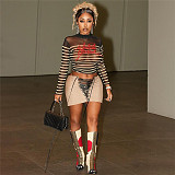 Letter Print Striped Women Crop Tops Sexy Mesh Skinny Tees SXE-K23L36383