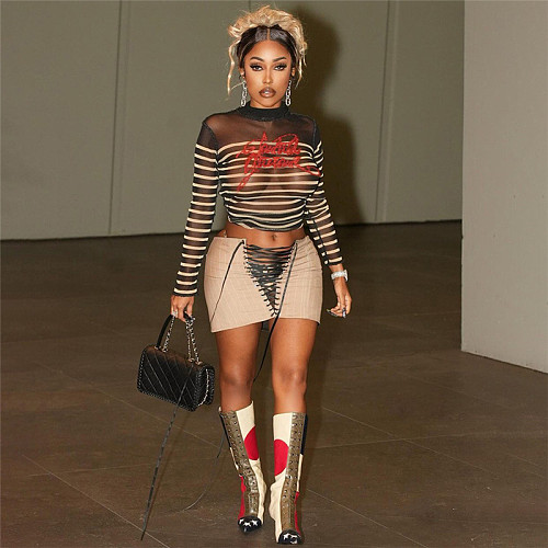Letter Print Striped Women Crop Tops Sexy Mesh Skinny Tees SXE-K23L36383
