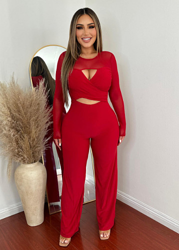 2024 NEW Women Hollow Out Full Sleeves Red Wide-leg Jumpsuit NY-10687