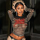 Letter Print Striped Women Crop Tops Sexy Mesh Skinny Tees SXE-K23L36383