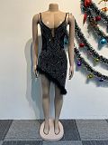 2024 Sexy Hot Drilling Mesh Splicing Straps Oblique Feather Mini Dress NY-3122