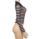 Letter Print Striped Women Crop Tops Sexy Mesh Skinny Tees SXE-K23L36383