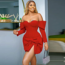 2024 Sexy Strapless Off Shoulder Bowknot  Split Mini Dresses Red NY-10680