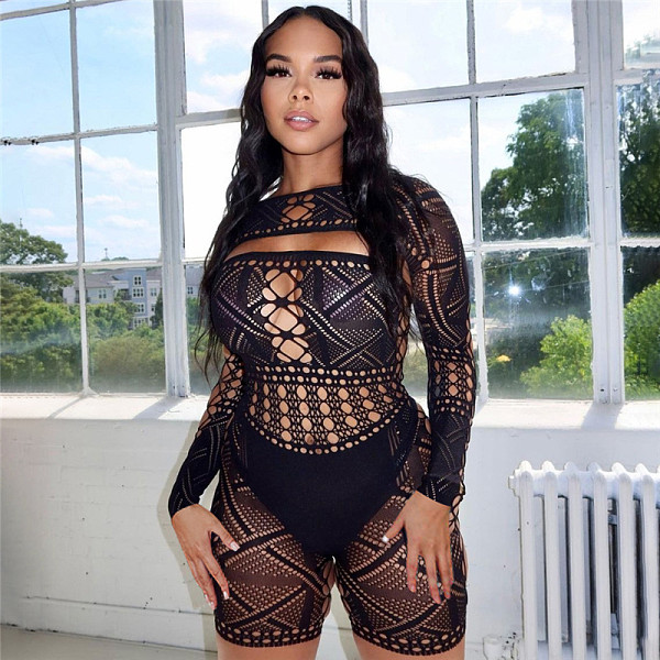 Stockings Lingerie Women Hollow Out Long Sleeve Skinny One Piece