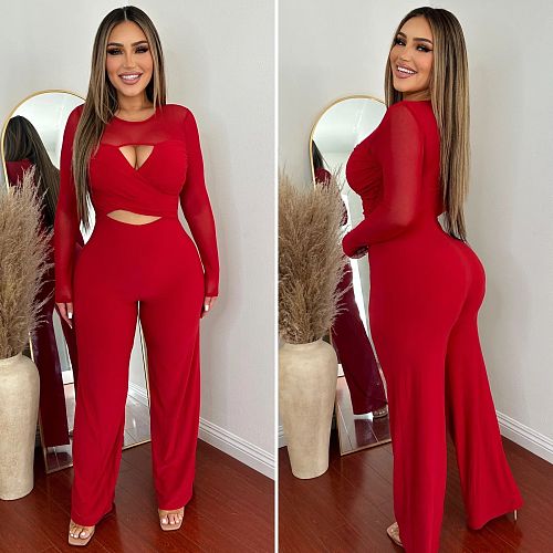2024 NEW Women Hollow Out Full Sleeves Red Wide-leg Jumpsuit NY-10687
