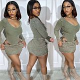 Women's Pit Stripe Long Sleeved U-neck Top Sexy Wrapped Hip Mini Skirt Set RS-8054
