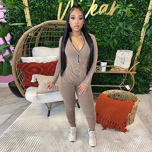 2024 Sexy Zipper Front Full Sleeves Women Bodycon Long Jumpsuit YF-10662