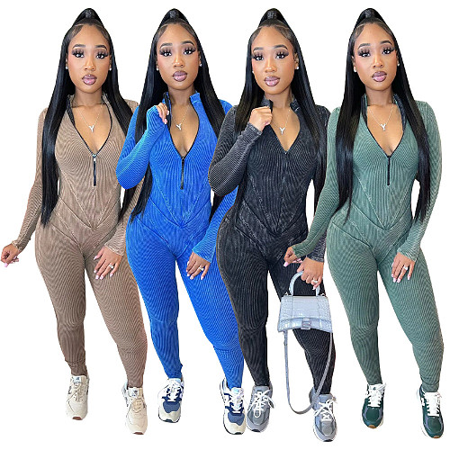 2024 Sexy Zipper Front Full Sleeves Women Bodycon Long Jumpsuit YF-10662