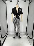Striped Pants Short Sleeve Solid T-shirt Set Summer Casual Two-piece Women XRB-10052
