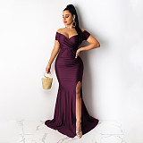 Sexy V-neck Off Shoulder Split Fishtail Long Dress AIL-243