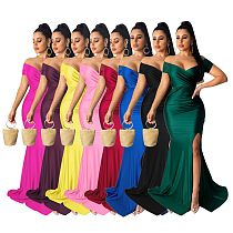 Sexy V-neck Off Shoulder Split Fishtail Long Dress AIL-243