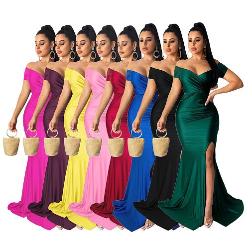 Sexy V-neck Off Shoulder Split Fishtail Long Dress AIL-243