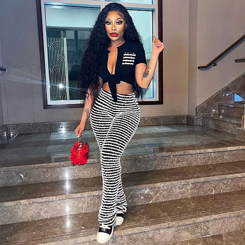 Striped Pants Short Sleeve Solid T-shirt Set Summer Casual Two-piece Women XRB-10052