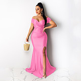 Sexy V-neck Off Shoulder Split Fishtail Long Dress AIL-243
