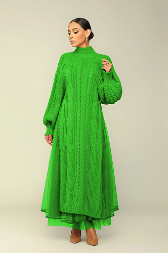 Casual Ladies Full Sleeves Pullover Knitted Mesh Long Dresses TR-1290