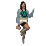Denim Patchwork Letters Pattern Knitted Sweater CY-0023