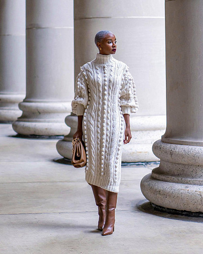 Women High Neck Splits Knitted Casual Long Dresses TR-1229