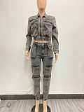 Women High-elastic Multi-pocket Washed Denim Casual Two-piece Suits NIYA-8158