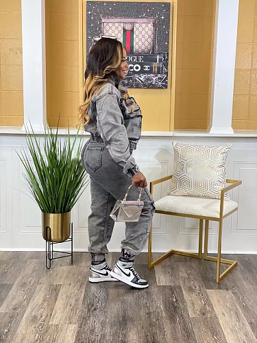 Women High-elastic Multi-pocket Washed Denim Casual Two-piece Suits NIYA-8158