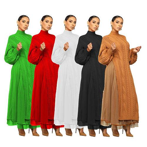 Casual Ladies Full Sleeves Pullover Knitted Mesh Long Dresses TR-1290