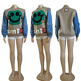 Denim Patchwork Letters Pattern Knitted Sweater CY-0023