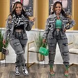 Women High-elastic Multi-pocket Washed Denim Casual Two-piece Suits NIYA-8158