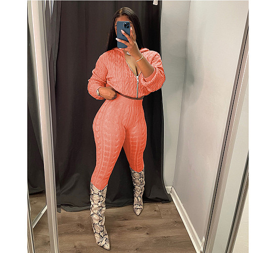 Hooded Zipper Knitted Sweater Skinny Pants Outfits CN-0204