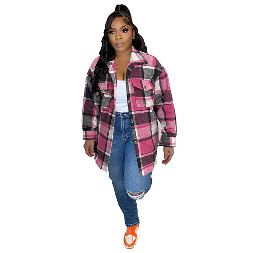 Autumn Winter Women Loose Plaid Shirt Woven Coat YIM-370