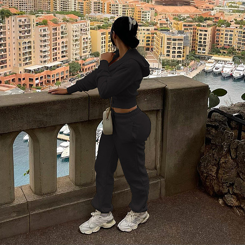 Casual Women Pockets Hoodies And Long Pants 2 Pieces Sets MEI-9318