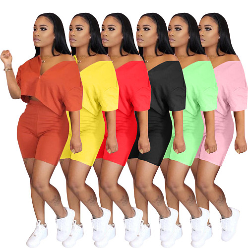 Pure Color Leisure Summer Short Jacket Slimmy Pants Set QY-5182