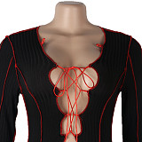 Fashion Hollowed-out Band Horn Sleeve Skinny Jumpsuit FSX-234