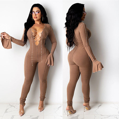 Fashion Hollowed-out Band Horn Sleeve Skinny Jumpsuit FSX-234