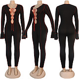 Fashion Hollowed-out Band Horn Sleeve Skinny Jumpsuit FSX-234