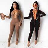 Fashion Hollowed-out Band Horn Sleeve Skinny Jumpsuit FSX-234