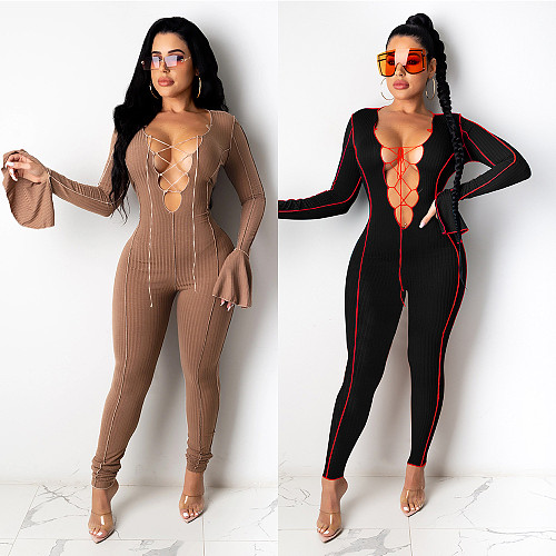 Fashion Hollowed-out Band Horn Sleeve Skinny Jumpsuit FSX-234