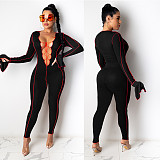 Fashion Hollowed-out Band Horn Sleeve Skinny Jumpsuit FSX-234