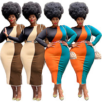 Plus Size Color Block O-Neck Bodycon Pencil Dress HEJ-6098