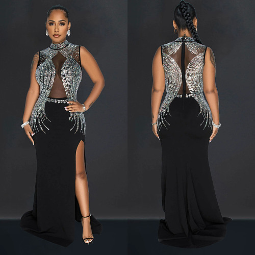 2024 Fashion Lady Mesh Hot Drilling Sleeveless Split Long Club Dress BY-6860